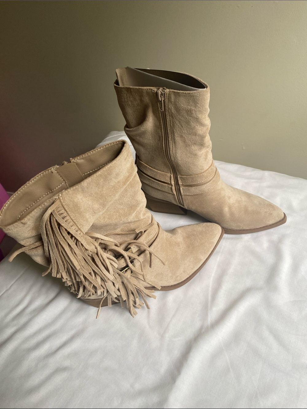 NYC Suede Fringe Lace-Up Mid-Calf Boots - Beige